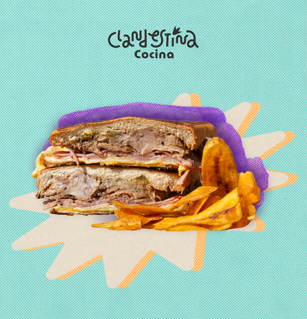 The Clandestina Cocina logo and an image of a sandwich and plantain chips.