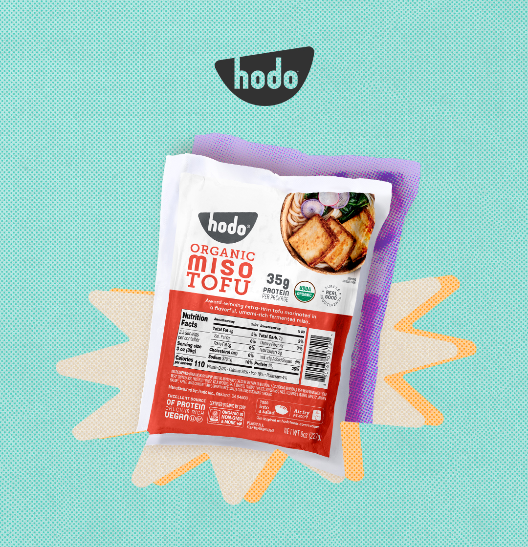The Hodo logo and an image of Hodo organic miso tofu.
