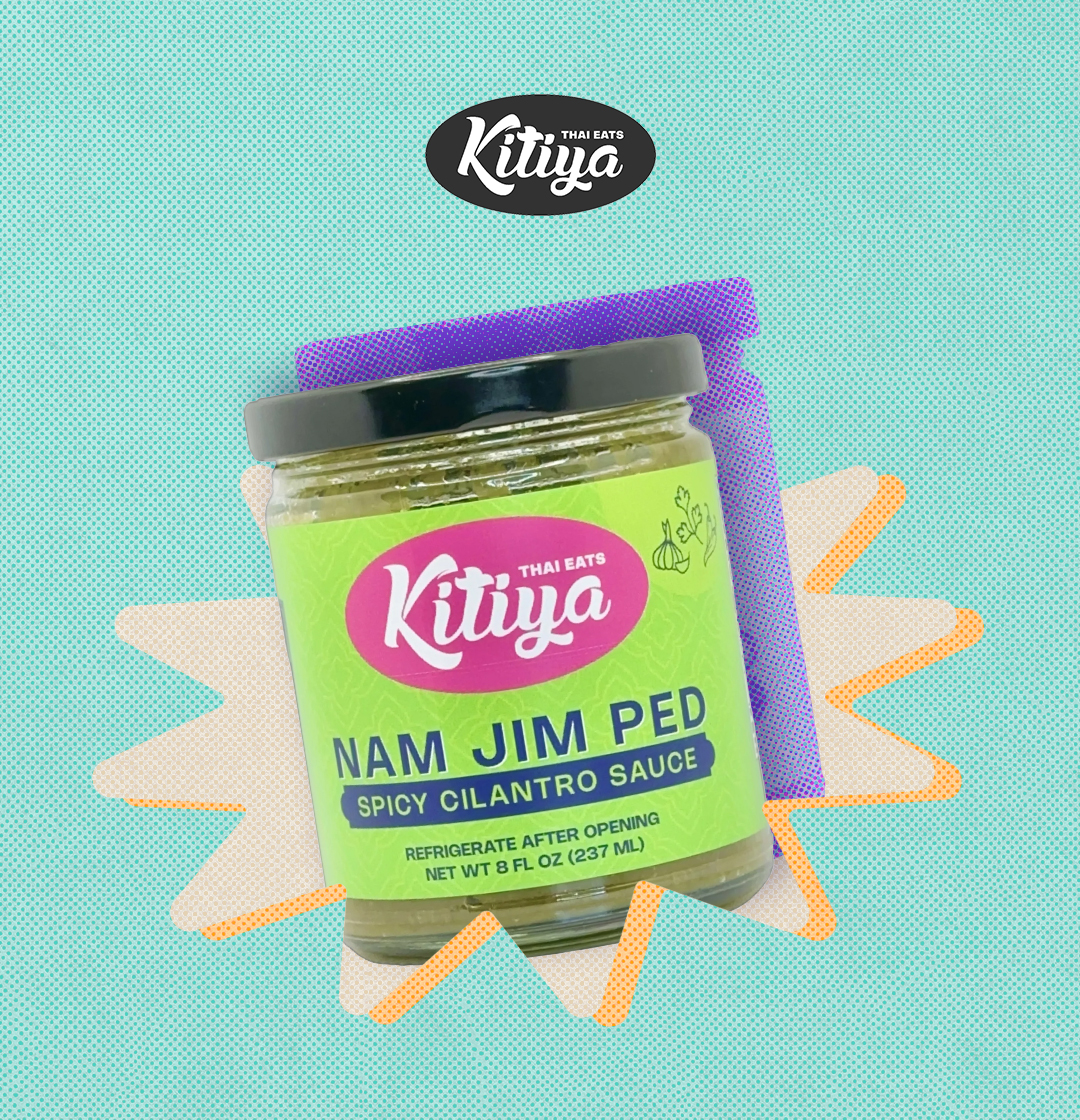 The Kitiya Thai Eats logo and an image of a container of Kitiya's Nam Jim Ped spicy cilantro sauce.