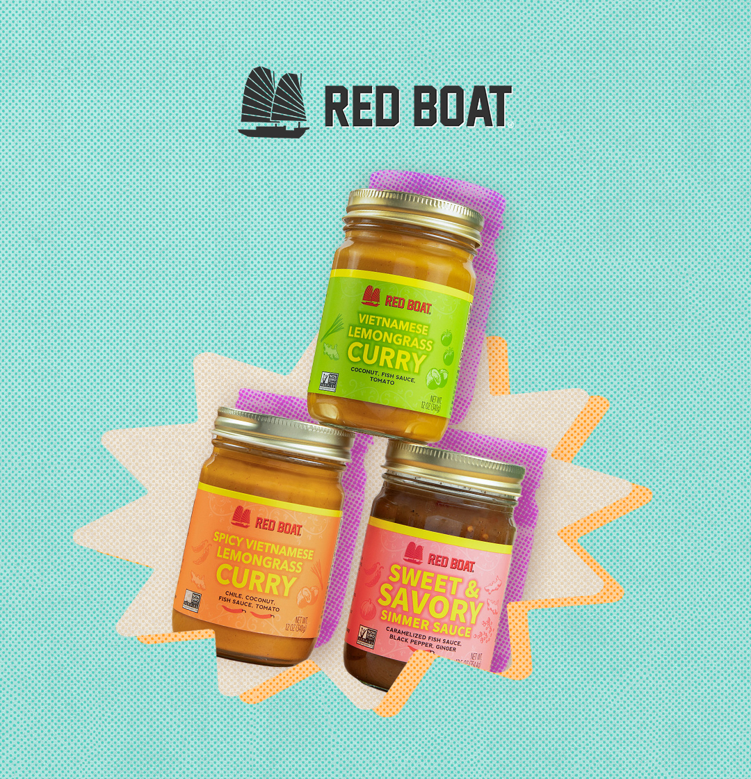 The Red Boat logo and an image of three containers of Red Boat products: Vietnamese lemongrass curry, spicy Vietnamese lemongrass curry, and sweet & savory simmer sauce.