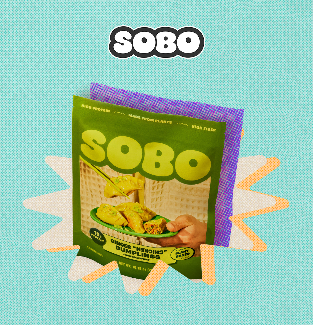 The SOBO logo and an image of a bag of Sobo's ginger "chicken" dumplings, a plant-based product.